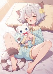 1boy absurdres animal_ears bare_legs barefoot bell blue_shirt blue_shorts cat_boy cat_ears cat_tail closed_eyes commission full_body grey_hair hair_bell hair_ornament highres holding holding_stuffed_toy jingle_bell kohaku_rinne long_sleeves lying male_focus medium_hair navel on_back open_mouth original shirt short_shorts shorts spread_legs stuffed_toy tail toes trap