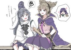 Rule 34 | 3girls, arrow (symbol), belt, blonde hair, cloak, closed eyes, earmuffs, gradient hair, grey eyes, grey hair, hat, highres, hijiri byakuren, japanese clothes, kariginu, lace, lace-trimmed skirt, lace trim, long hair, long sleeves, majime na gakuinsei, mononobe no futo, multicolored hair, multiple girls, open mouth, pink nails, pointy hair, pom pom (clothes), ponytail, purple cloak, purple hair, purple skirt, ribbon-trimmed sleeves, ribbon trim, ritual baton, sitting, skirt, smile, spoken squiggle, squiggle, sweatdrop, tate eboshi, thumbs up, touhou, toyosatomimi no miko, translation request, wide sleeves, yellow eyes