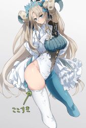 Rule 34 | 1girl, blonde hair, bow, breasts, curled horns, ereshkigal (fate), fate/grand order, fate (series), frills, green eyes, green pantyhose, hair bow, highres, horns, leotard, long hair, long sleeves, medium breasts, pantyhose, parted bangs, single leg pantyhose, single thighhigh, solo, space ereshkigal (fate), space ereshkigal (third ascension) (fate), thighhighs, thighs, translation request, two side up, white leotard, white thighhighs, yukinaga (asuten)