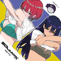2girls amate_yuzuriha aqua_bra aqua_eyes aqua_hair bambi_surprise beanie blue_background blush bra breasts brown_bra cleavage clothes_lift commentary_request embarrassed flipped_hair gundam gundam_gquuuuuux hair_between_eyes haro hat highres lifting_own_clothes long_hair medium_breasts multicolored_hair multiple_girls nyaan_(gundam_gquuuuuux) pom_pom_(clothes) pom_pom_beanie purple_hair purple_hat red_hair shirt shirt_lift short_hair small_breasts streaked_hair underwear undressing v-shaped_eyebrows white_background white_shirt yellow_background yellow_eyes