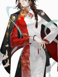 1boy absurdres alternate_costume alternate_hairstyle bead_bracelet beads bishounen black_hair black_nails bracelet braid china_dress chinese_clothes chinese_knot chunbuchou cowboy_shot crossdressing dress floral_print folding_fan hagoromo hair_over_shoulder hand_fan highres holding holding_fan jacket jacket_on_shoulders jewelry long_sleeves low_ponytail male_focus multicolored_hair nail_polish nijisanji nijisanji_en ponytail red_hair shawl single_braid solo standing string_choker virtual_youtuber vox_akuma