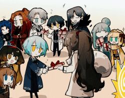 Rule 34 | 4boys, 6+girls, :&gt;, :d, :o, ^ ^, aislan, angela (project moon), ayin (project moon), bag, binah (project moon), black hair, blonde hair, blue coat, blue eyes, blue hair, bow, brown background, brown bow, brown hair, carmen (project moon), chesed (project moon), chibi, closed eyes, coat, earrings, full body, fur trim, gebura (project moon), gift, green eyes, green hair, grey eyes, grey hair, hair ornament, hairband, hairclip, heterochromia, hod (project moon), hokma (project moon), holding, holding bag, jewelry, library of ruina, long hair, looking at another, malkuth (project moon), monocle, multiple boys, multiple girls, netzach (project moon), open mouth, ponytail, project moon, red bow, red hair, red hairband, shirt, short hair, simple background, smile, standing, tiphereth a (project moon), white coat, white shirt, yellow eyes