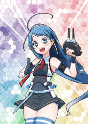 Rule 34 | 1girl, adapted turret, ahoge, belt, black gloves, black skirt, blonde hair, blue eyes, blue hair, blue thighhighs, breasts, cannon, chest harness, gloves, gradient hair, harness, highres, kantai collection, long hair, miniskirt, multicolored hair, necktie, open mouth, original remodel (kantai collection), panties, panty peek, pleated skirt, red necktie, rigging, samidare (kancolle), shirt, single glove, skirt, sleeveless, sleeveless shirt, small breasts, solo, striped clothes, striped panties, swept bangs, thighhighs, tsun&#039;ichi (tsun1), underwear, very long hair, white belt