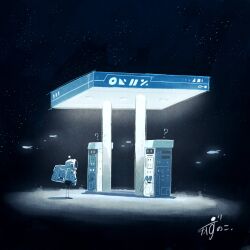 1other ? absurdres artist_name gas_station helmet highres kazunoko_(kazunoko_zunoco) night night_sky original outdoors sky solo space_helmet spacesuit standing star_(sky) starry_sky