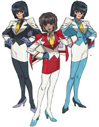 3girls absurdres black_footwear black_gloves black_hair black_jacket black_pantyhose blue_footwear blue_gloves blue_jacket blue_pantyhose blue_shirt brown_hair collared_shirt commentary_request dark-skinned_female dark_skin decepticon eye_contact formal_clothes full_body genderswap genderswap_(mtf) gloves hand_on_own_hip hand_up hands_on_own_hips high_heels highres humanization jacket jacket_on_shoulders lipstick long_sleeves looking_at_another looking_at_viewer looking_to_the_side makeup miniskirt multiple_girls necktie open_mouth pantyhose pencil_skirt purple_footwear purple_gloves red_eyes red_lips red_skirt shirt short_hair siblings simple_background skirt skirt_suit skywarp sleeve_cuffs smile standing starscream striped_necktie suit symmetrical_pose tatamintatamin teeth thundercracker transformers triplets upper_teeth_only white_background white_jacket white_pantyhose white_shirt white_skirt yellow_necktie