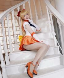aino_minako bishoujo_senshi_sailor_moon blonde_hair blue_eyes breasts chiechun0515 cosplay cosplay_photo gloves highres long_hair looking_at_viewer miniskirt photo_(medium) real_life sailor_venus sailor_venus_(cosplay) short_sleeves sitting skirt stairs