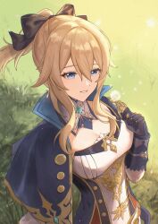1girl black_gloves blonde_hair blue_capelet blue_eyes bow breasts capelet cleavage cross cross_earrings dandelion dandelion_seed detached_collar earrings flower genshin_impact gloves grass hair_between_eyes hair_bow hal_aluha highres jean_(genshin_impact) jewelry medium_breasts parted_lips ponytail sidelocks solo upper_body