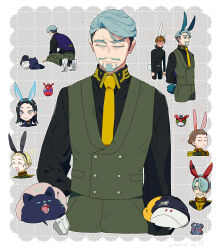 2boys 3girls animal_ear_hairband animal_ears aqua_eyes aqua_hair beanie beard black_hair black_hat blonde_hair border brown_hair challia_bull closed_eyes collared_shirt commentary_request comoli_harcourt facial_hair fake_animal_ears fake_tail gloves gquuuuuux grey_background grid_background gundam gundam_gquuuuuux hair_over_one_eye hairband haro hat highres kinkokin_(haikinkinhai) long_sleeves military_uniform multiple_boys multiple_girls mustache necktie non-humanoid_robot pants pomeranian_(dog) rabbit_ears rabbit_tail rassit red_gundam robot sepha_(gundam) shirt short_hair speech_bubble tail vest white_border xavier_olivette yellow_eyes