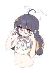 1girl adjusting_eyewear ahoge bikini black_hair blue_archive braid female_focus flat_chest glasses halo leaf leaf_on_head loli long_hair looking_at_viewer miyu_(blue_archive) miyu_(swimsuit)_(blue_archive) navel red-framed_eyewear red_eyes saru semi-rimless_eyewear solo swimsuit twin_braids white_bikini