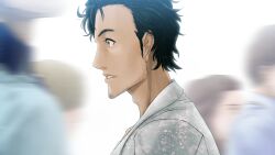 Rule 34 | 1boy, adam&#039;s apple, beard stubble, black hair, blurry, blurry background, brown pants, clenched teeth, coat, collarbone, facial hair, from side, game cg, grey eyes, highres, huke, lab coat, long sleeves, messy hair, motion blur, official art, okabe rintarou, outdoors, pants, parted lips, realization, ringed eyes, shirt, solo, square pupils, steins;gate, stubble, t-shirt, teeth, white coat, white shirt, wide-eyed
