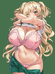 1girl absurdres blonde_hair bra breasts cameltoe cleavage closed_mouth clothes_lift commentary_request covered_erect_nipples green_background green_skirt grey_eyes highres kantai_collection large_breasts long_hair looking_at_viewer minneapolis_(kancolle) minneapolis_(tennis)_(kancolle) navel panties pink_bra pink_panties pleated_skirt shirt shirt_lift simple_background skirt smile solo standing torisan two_side_up underwear undressing white_shirt