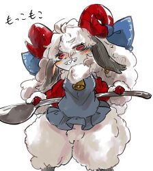 earrings furry furry_female horns jewelry looking_at_viewer red_eyes red_horns sharp_teeth sheep smile solo teeth touhou toutetsu_yuuma uisu_(noguchipint) white_background white_fur