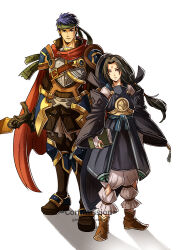 2boys alternate_costume armor black_hair blue_eyes blue_hair book cape commentary commission english_commentary facial_mark fire_emblem fire_emblem:_radiant_dawn fire_emblem_fates forehead_mark gzei headband holding holding_book holding_sword holding_weapon ike_(fire_emblem) long_hair male_focus multiple_boys nintendo red_eyes short_hair simple_background soren_(fire_emblem) sword weapon