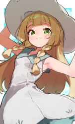 1girl armpits blonde_hair braid closed_mouth dress green_eyes hat jamir lillie_(pokemon) long_hair looking_at_viewer nintendo pokemon pokemon_sm sleeveless sleeveless_dress smile solo twin_braids white_dress white_hat