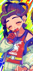 1boy absurdres black_hair blush closed_eyes commentary_request gloves highres jacket kieran_(pokemon) long_sleeves male_focus mochi_(buchumi10) mole mole_on_neck multicolored_hair nintendo open_clothes open_jacket open_mouth partially_fingerless_gloves poke_ball_print pokemon pokemon_sv purple_hair red_gloves red_tank_top shorts single_glove solo_focus sparkle tank_top white_jacket