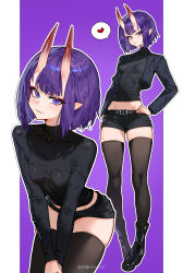 1girl artist_name belt black_belt black_boots black_jacket black_shirt black_shorts black_thighhighs blush boots border breasts casual closed_mouth commentary covered_collarbone covered_navel english_commentary eyeshadow fang fate/grand_order fate_(series) full_body hand_on_own_hip heart highres horns inhoso instagram_logo instagram_username jacket leaning_forward leather leather_boots long_sleeves makeup medium_hair multiple_views open_clothes open_jacket patreon_logo patreon_username pointy_ears purple_background purple_eyes purple_hair red_eyeshadow red_horns shirt shoes short_eyebrows shorts shuten_douji_(fate) skin-covered_horns skin_fang smile solo_focus spoken_heart thighhighs thighs twitter_logo twitter_username v_arms white_background white_border