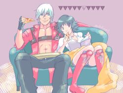 Rule 34 | 1boy, 1girl, allie (united f), artist name, black hair, black pants, blue eyes, book, boots, character name, coat, couch, dante (devil may cry), devil may cry, devil may cry (series), devil may cry 3, food, green eyes, heterochromia, holding, holding book, holding food, holding pizza, lady (devil may cry), no shirt, on couch, pants, pizza, pizza slice, purple background, red coat, red eyes, shirt, simple background, sitting, smile, white hair, white shirt