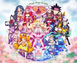 5boys 6+girls :d ;d akagi_towa albino amanogawa_kirara arm_warmers aroma_(go!_princess_precure) aroma_(go!_princess_precure)_(human) belt bird black_bow black_flower black_hair black_rose blonde_hair blue_hair blue_skirt boots bow bowtie brown-framed_eyewear brown_hair butler castle choker clenched_teeth close_(go!_princess_precure) colored_eyelashes copyright_name creature crop_top cure_flora cure_mermaid cure_scarlet cure_twinkle detached_sleeves dog dress-up_key dual_persona dyspear earrings everyone flower freeze_(go!_princess_precure) glasses gloves go!_princess_precure green_eyes haidoro hair_over_eyes hand_on_own_hip haruno_haruka hat highres hood jewelry kaidou_minami knee_boots kuroro_(go!_princess_precure) lock_(go!_princess_precure) long_hair looking_at_viewer magical_girl mask messy_hair mismatched_eyelashes miss_siamour miss_siamour_(human) multicolored_hair multiple_boys multiple_girls nail_polish nanase_yui navel one_eye_closed open_mouth pale_skin pants pantyhose personification petals pink_bow pink_eyes pink_hair pink_skirt pointy_ears precure prince_kanata puff_(go!_princess_precure) puff_(go!_princess_precure)_(human) puffy_sleeves purple_eyes purple_hair purple_pants quad_tails red_bow red_eyes red_footwear red_hair red_legwear red_skirt rose shoes shut_(go!_princess_precure) skirt smile spiked_hair standing star_(symbol) star_earrings stop_(go!_princess_precure) streaked_hair teeth thigh_boots thighhighs top_hat twilight_(go!_princess_precure) twintails two-tone_hair v wand white_footwear white_gloves white_hair white_hat wrist_cuffs