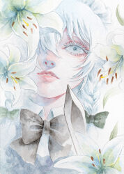 1girl black_bow black_bowtie bow bowtie braid collared_shirt colored_eyelashes flower grey_eyes highres izayoi_sakuya johnalay lily_(flower) looking_at_viewer maid_headdress painting_(medium) parted_lips portrait shirt side_braid solo touhou traditional_media watercolor_(medium) white_eyelashes white_hair