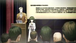 1boy 1girl 6+others alexis_leskinen bad_tag bald blonde_hair blunt_bangs brown_jacket buttons closed_mouth clothing_request coat collar collarbone collared_shirt computer crowd curtains dress flat_chest from_behind game_cg glasses green_collar green_eyes green_hair green_trim grey_dress grin height_difference highres hiyajou_maho holding holding_tablet_pc hood hood_down hoodie huke jacket lab_coat lapels laptop long_hair long_sleeves looking_at_another messy_hair microphone multiple_others nape non-web_source notched_lapels official_art rabbit_zipper ringed_eyes shirt short_hair smile square_pupils standing steins;gate steins;gate_0 tablet_pc thick_eyebrows very_long_hair very_short_hair white_coat white_shirt