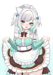 1girl ahoge apron black_bow black_bowtie blue_bow blue_eyes bow bowtie commentary detached_collar detached_sleeves dress fang frilled_sleeves frills garter_straps gradient_hair green_dress green_hair green_nails hair_bow hair_intakes hair_ornament highres indie_virtual_youtuber long_hair long_sleeves looking_at_viewer lynnavtt maid maid_headdress mint_fantome mint_fantome_(minto_2.0) multicolored_hair open_mouth pointy_ears sidelocks single_garter_strap skin_fang solo symbol-only_commentary thighhighs triangular_headpiece two_side_up virtual_youtuber waist_apron white_apron white_hair white_thighhighs x_hair_ornament