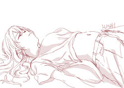 1girl breasts closed_eyes clothes_lift cowboy_shot facing_up hair_spread_out ishii_hisao long_hair lying medium_breasts midriff navel on_back open_fly original parted_lips pillow shirt_lift short_sleeves sketch sleeping solo