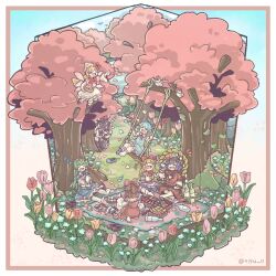 6+girls adapted_costume alcohol ascot bird bird_wings black_hair blue_bow blue_dress blue_hair bow branch brown_horns camera capelet chain checkered_clothes checkered_skirt cherry_blossoms chigu cirno cuffs cup dango day detached_sleeves dress drunk fairy fairy_wings falling_petals faux_figurine floorplan flower food frilled_bow frilled_dress frilled_hair_tubes frilled_socks frills frog frog_hair_ornament geta gohei gourd hair_bow hair_ornament hair_tubes hakurei_reimu hanami hat hauchiwa highres holding holding_camera horn_bow horn_ornament horn_ribbon horns ibuki_suika ice ice_wings instrument isometric japanese_clothes kochiya_sanae leaf_hair_ornament lily_white mirror multiple_girls musical_note no_shoes on_swing onbashira oni onigiri orange_hair outdoors petals picnic pink_flower pink_petals pom_pom_(clothes) red_bow ribbon ribbon-trimmed_sleeves ribbon_trim rope sakazuki sake sanshoku_dango shameimaru_aya shimenawa skirt skirt_set sky sleeping snake_hair_ornament socks spring_(season) sunlight swing tengu tengu-geta tokin_hat torn_clothes torn_sleeves touhou tree trumpet tulip wagashi white_capelet wind wings yasaka_kanako yellow_ascot