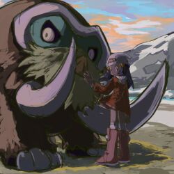 1girl beanie blue_hair boots dawn_(pokemon) full_body gen_4_pokemon hair_ornament hairclip hat jacket long_hair looking_at_viewer looking_back mamoswine mountain mountainous_horizon nintendo official_alternate_costume outdoors petting pokemon pokemon_emerald pokemon_rse solo standing tusks umebosibakari2
