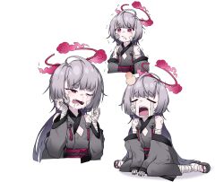 1girl bandaged_arm bandaged_foot bandaged_hand bandaged_leg bandages bell black_nails blue_archive closed_eyes commentary_request crying crying_with_eyes_open fangs gauze gauze_on_cheek grey_hair grey_sleeves halo highres jingle_bell long_hair looking_at_viewer multiple_head_bumps multiple_views obi one_eye_closed open_mouth purple_eyes sash shuro_(blue_archive) sideless_kimono simple_background snot tears trembling unyu-nyu white_background