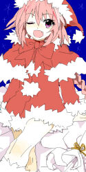 Rule 34 | 1boy, alternate costume, astolfo (fate), blue background, bow, bowtie, christmas, coat, fate/apocrypha, fate/grand order, fate (series), fur-trimmed coat, fur-trimmed headwear, fur trim, hat, kihiro, long braid, male focus, one eye closed, open mouth, pink hair, pom pom (clothes), red bow, red bowtie, santa hat, solo