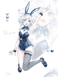 1girl absurdres ahoge alternate_costume animal_ears arm_up armpits blue_eyes blue_footwear blue_hair blue_leotard breasts bunny_day cleavage dated fake_animal_ears fake_wings fishnet_cutout fishnet_thighhighs fishnets furina_(genshin_impact) genshin_impact heart heterochromia highleg highleg_leotard highres leotard light_blue_hair looking_at_viewer luta_(luta_1013) playboy_bunny rabbit_ears short_hair single_bare_leg single_thighhigh small_breasts smile solo thighhighs wings wrist_cuffs zoom_layer