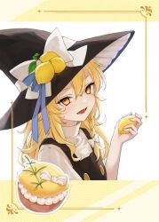 Rule 34 | 1girl, :d, black hat, black vest, blonde hair, blue ribbon, bow, braid, cupcake, food, fruit, hair between eyes, hair bow, hat, hat bow, hiwokawa, holding, holding food, holding fruit, kirisame marisa, lemon, lemon hat ornament, long hair, looking at viewer, open mouth, ribbon, shirt, side braid, single braid, smile, solo, touhou, upper body, vest, white bow, white shirt, witch hat, yellow eyes