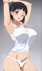 1girl armpits arms_up black_eyes black_hair blush breasts cameltoe closed_mouth collarbone commentary_request commission covered_erect_nipples fuooooo gradient_background grey_background hair_ornament highres kirigaya_suguha large_breasts looking_at_viewer no_pants one_eye_closed panties pixiv_commission short_hair simple_background skindentation solo steaming_body sweat sword_art_online tank_top underwear white_panties white_tank_top
