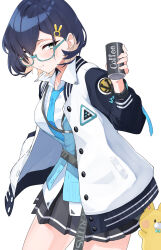 1girl absurdres black_hair black_skirt blue-framed_eyewear blue_archive blue_necktie blue_vest blush breasts can chihiro_(blue_archive) closed_mouth collared_shirt cowboy_shot glasses green_eyes highres holding holding_can isocha jacket long_sleeves medium_breasts necktie open_clothes open_jacket pleated_skirt shirt short_hair simple_background skirt smile solo vest white_background white_jacket white_shirt