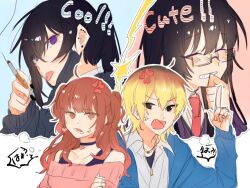 3girls arguing black_hair black_mask blonde_hair blue_jacket blush cigarette collared_shirt commentary ear_piercing english_text glasses holding holding_cigarette jacket ll_446 long_hair mask mouth_mask multiple_girls necktie off-shoulder_sweater off_shoulder open_mouth orange_eyes orange_hair original piercing pink_sweater red_necktie school_uniform shirt smile speech_bubble sweater tongue_piercing translation_request two_side_up white_shirt
