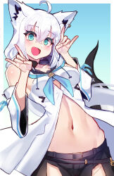 1girl :d absurdres ahoge animal_ear_fluff animal_ear_piercing animal_ears aqua_eyes bare_shoulders black_shorts blue_neckerchief blush braid breasts collarbone commentary cowboy_shot crossed_bangs detached_sleeves double_fox_shadow_puppet fox_ears fox_girl fox_shadow_puppet fox_tail groin hair_between_eyes highres hololive hood long_hair looking_at_viewer medium_breasts midriff navel neckerchief open_mouth partially_unbuttoned pentagram shirakami_fubuki shirakami_fubuki_(1st_costume) shirt shorts side_braid sidelocks single_braid sleeveless sleeveless_shirt smile solo standing tail virtual_youtuber white_hair white_shirt white_sleeves yasu_suupatenin