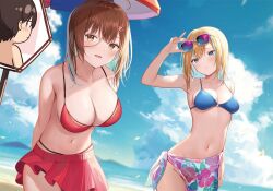 1boy 2girls artist_request bikini breasts brown_hair copyright_request large_breasts multiple_girls smile swimsuit tagme