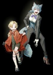 1boy 1girl androgynous animal_ears black_background black_gloves black_shorts black_suit black_vest blonde_hair cloak flower formal_clothes full_body gloves grey_hair hair_flower hair_ornament half_gloves hand_in_pocket hands_up high_heels highres kneehighs legwear_garter looking_at_viewer mary_janes momomo_906 one_eye_closed open_mouth orange_eyes original red_cloak sharp_teeth shirt shoes short_hair shorts simple_background socks standing standing_on_one_leg suit tail teeth vest white_shirt wolf_ears wolf_girl wolf_tail yellow_eyes