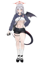 Rule 34 | 1girl, absurdres, black tail, black wings, blue archive, breasts, demon tail, demon wings, fake wings, full body, halo, haruna (blue archive), highres, red halo, simple background, single wing, solo, tail, umber00, underboob, white background, wings