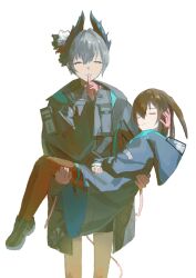 Rule 34 | 2girls, amiya (arknights), animal ears, arknights, bird girl, black feathers, black footwear, black gloves, black pantyhose, brown hair, cable, carrying, carrying person, closed eyes, commentary, electric plug, electric plug tail, extra arms, feathers, finger to mouth, flower, gloves, grey hair, hair flower, hair ornament, head wings, highres, infection monitor (arknights), jewelry, kuthi0510, multiple girls, multiple rings, pantyhose, pink gloves, rabbit ears, raidian (arknights), ring, short hair, shushing, sleeping, smile, tail, two-tone gloves, white background, wings