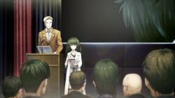 1boy 1girl 6+others alexis_leskinen artificial_intelligence bad_tag bald blonde_hair blunt_bangs brown_jacket buttons closed_mouth clothing_request coat collar collarbone collared_shirt computer crowd curtains dress flat_chest from_behind game_cg glasses green_collar green_eyes green_hair green_trim grey_dress grin height_difference highres hiyajou_maho hiyajou_maho_(salieri) holding holding_tablet_pc hood hood_down hoodie huke jacket lab_coat lapels laptop long_hair long_sleeves looking_at_another messy_hair microphone multiple_others nape non-web_source notched_lapels official_art rabbit_zipper ringed_eyes shirt short_hair smile square_pupils standing steins;gate steins;gate_0 tablet_pc thick_eyebrows very_long_hair very_short_hair white_coat white_shirt