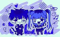 1boy 1girl amemiya_darumi animal_ears black_bow black_hair black_skirt blue_background blue_hair bow chibi eyepatch japanese_clothes multicolored_hair omokage_yugamu pink_eyes pink_thighhighs pleated_skirt shirt short_hair skirt striped_clothes striped_shirt tail the_hundred_line_-last_defense_academy- thighhighs twintails