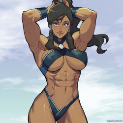1girl abs absurdres armpits arms_up avatar_legends blue_eyes breasts breasts_apart closed_mouth covered_erect_nipples danusko dark-skinned_female dark_skin hair_tubes highres korra large_breasts lips muscular muscular_female ponytail second-party_source sidelocks sky smile solo swimsuit the_legend_of_korra