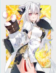 1girl :q au_ra bamboo_steamer bow breasts china_dress chinese_clothes clothing_cutout cone_hair_bun double_bun dragon_girl dragon_horns dragon_tail dress final_fantasy final_fantasy_xiv food hair_bow hair_bun highres horns long_hair long_sleeves looking_at_viewer motsuni_(lxxe1120) multiple_hair_bows one_eye_closed red_eyes scales side_cutout solo steamed_bun tail tongue tongue_out warrior_of_light_(ff14) white_dress white_hair