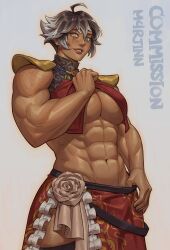 1girl abs ahoge artist_name biceps black_hair blue_eyes breasts dark-skinned_female dark_skin green_eyes grey_background grey_eyes grey_hair heterochromia highres large_breasts looking_at_viewer m4rjinn multicolored_hair muscular muscular_female navel original scar scar_across_eye scar_on_face simple_background trachynbryda_(newosanwastaken) two-tone_hair