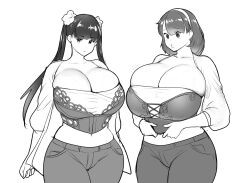 2girls blunt_bangs breasts bustier cleavage collarbone commentary cowboy_shot earrings english_commentary erkaz flower greyscale hair_flower hair_ornament hairband highres huge_breasts jacket jewelry long_hair looking_at_another looking_at_viewer low_neckline medium_hair midriff monochrome multiple_girls navel original pants rina_atherina shirt simple_background swept_bangs three-quarter_sleeves twintails white_background yukihana_(erkaz)