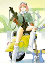 1girl absurdres ar-15 black_leotard boots breasts cleavage commentary cropped_jacket earrings electric_guitar flcl gloves goggles goggles_on_head green_jacket guitar gun haruhara_haruko highres holding holding_gun holding_weapon instrument jacket jewelry knee_boots leotard long_hair looking_at_viewer machine_gun motor_vehicle motorcycle on_motorcycle open_mouth outdoors pink_hair red_gloves rifle scarf solo v-shaped_eyebrows vinne weapon white_boots white_scarf yellow_eyes
