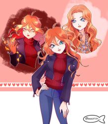 1girl ahoge animification bad_id bad_twitter_id bloom_(winx_club) blue_eyes blue_pants blue_shirt bright_pupils buttons chocofish collared_jacket collared_shirt commentary cowboy_shot cropped_torso denim determined expressionless eyelashes fate:_the_winx_saga fire floating_hair floral_print frown glowing glowing_eyes hair_between_eyes hand_on_own_hip hand_on_own_thigh heart jacket jeans lapels leather leather_jacket lipstick long_hair long_sleeves looking_at_hand makeup messy_hair multiple_views nail_polish notched_lapels open_clothes open_jacket orange_background orange_eyes orange_hair pants parted_lips pocket purple_jacket pyrokinesis red_lips red_nails red_sweater ribbon-trimmed_jacket shirt standing sweater tsurime turtleneck turtleneck_sweater twitter_username two-tone_background watermark white_background winx_club yellow_pupils zipper zipper_pull_tab