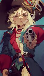 Rule 34 | 1girl, absurdres, adversarial noise, aiming, aiming at viewer, argus (reverse:1999), bicorne, black hat, blonde hair, blue background, blue jacket, cigarette, gun, handgun, hat, highres, holding, holding cigarette, holding gun, holding weapon, jacket, long braid, long hair, looking at viewer, mouth hold, one eye closed, outstretched arm, reverse:1999, revolver, smoke, smoking, solo, takiminada, upper body, weapon, yellow eyes