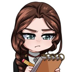 1girl blue_eyes braid brown_hair chokha cross_pendant epaulettes gazyr holding holding_notebook holding_pencil jewelry korzynka_persykiv levchenko_ahapiia_oleksandrivna long_hair military military_uniform mole mole_under_eye necklace non-web_source notebook original pencil pendant shiny_eyes solo transparent_background white_undershirt